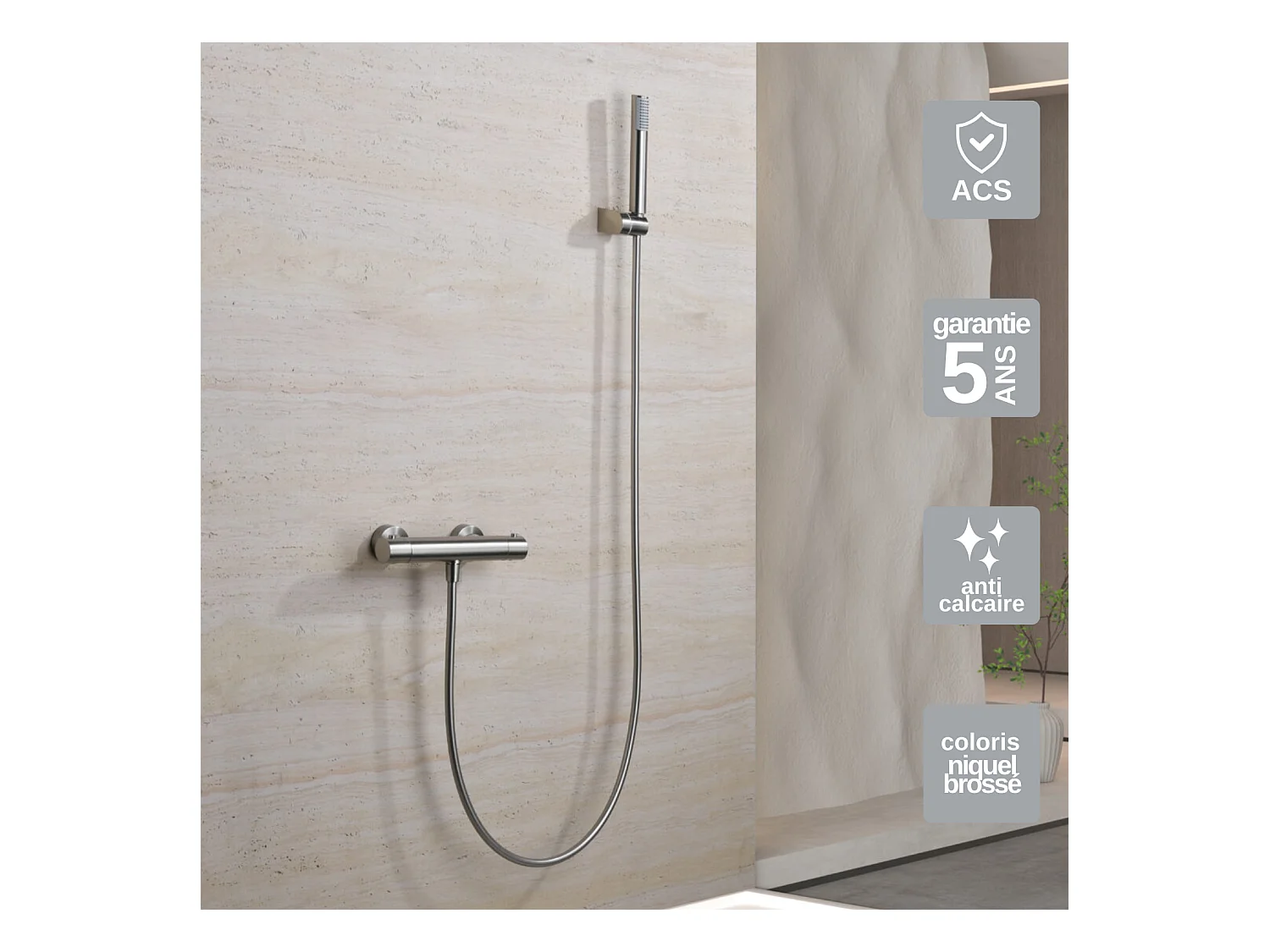 Ensemble de Douche Thermostatique Anti-Calcaire en Niquel Brossé MONZA BTM039-5NQ