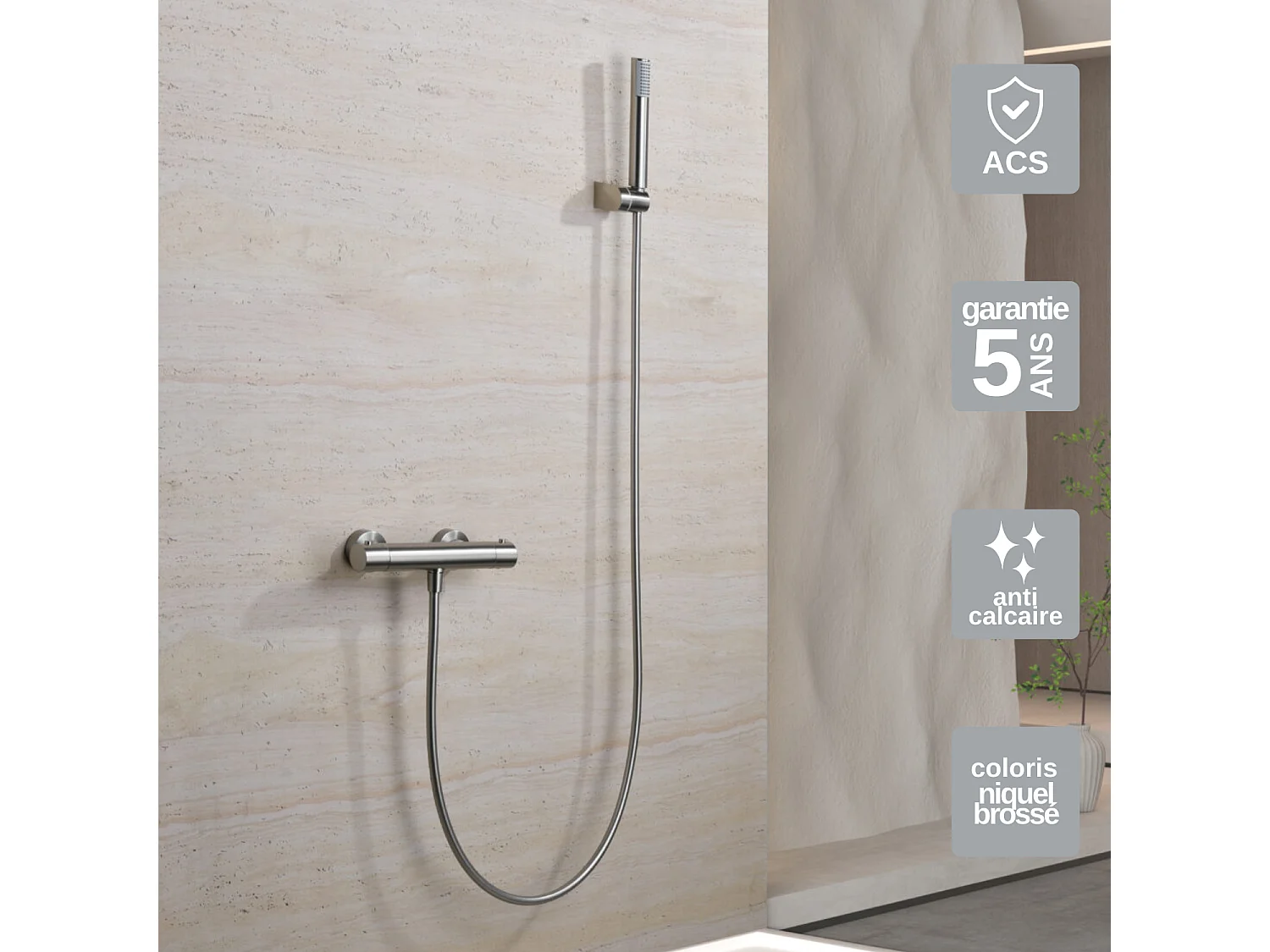 Ensemble de Douche Thermostatique Anti-Calcaire en Niquel Brossé MONZA BTM039-5NQ