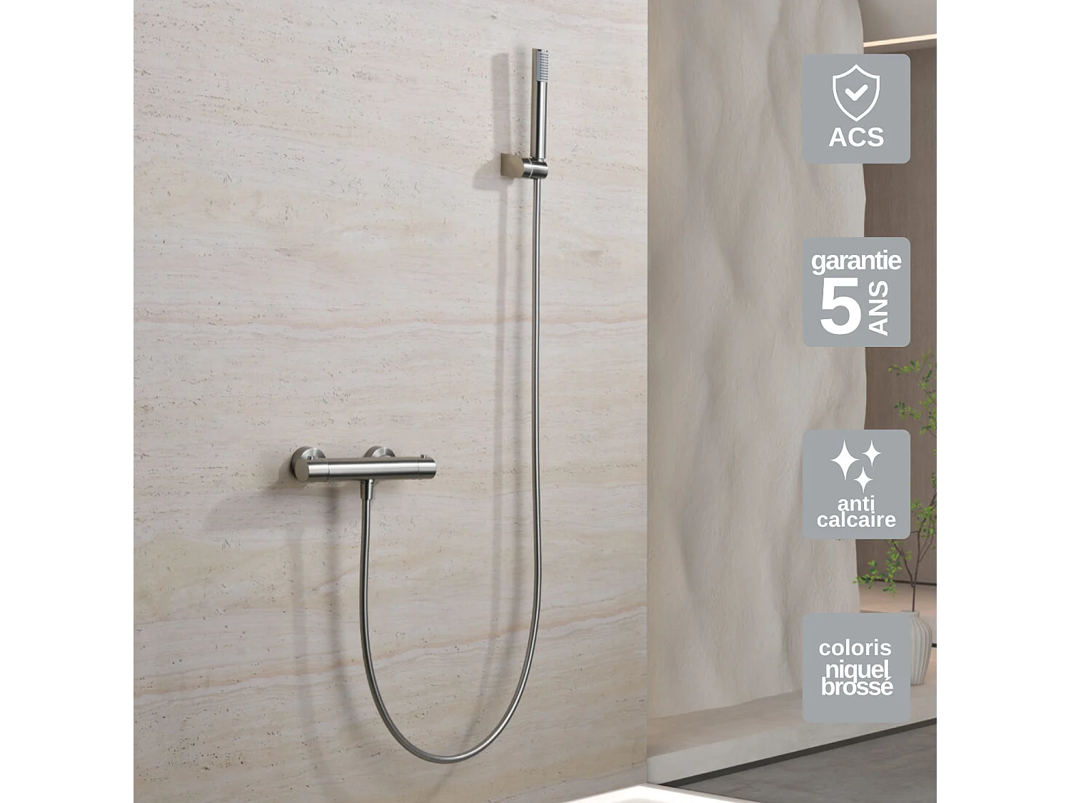 Ensemble de Douche Thermostatique Anti-Calcaire en Niquel Brossé MONZA BTM039-5NQ