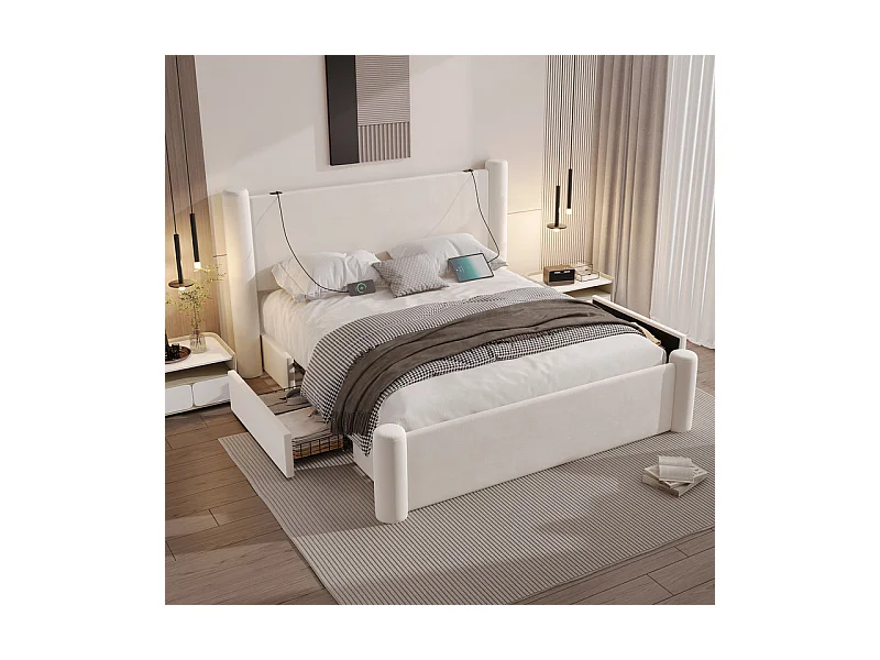 Lit coffre 160 x 200 cm - 2 tiroirs - design de pilier 3D - tête de lit avec USB intégrées - Beige
