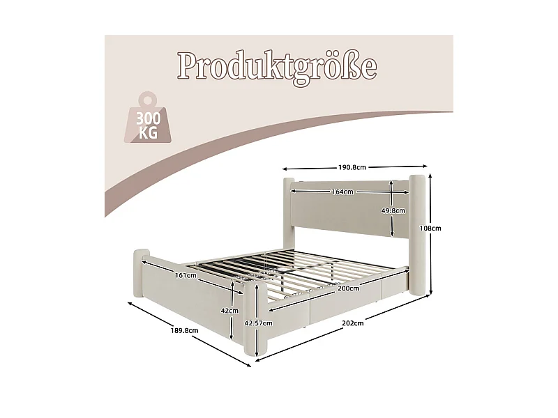 Lit coffre 160 x 200 cm - 2 tiroirs - design de pilier 3D - tête de lit avec USB intégrées - Beige