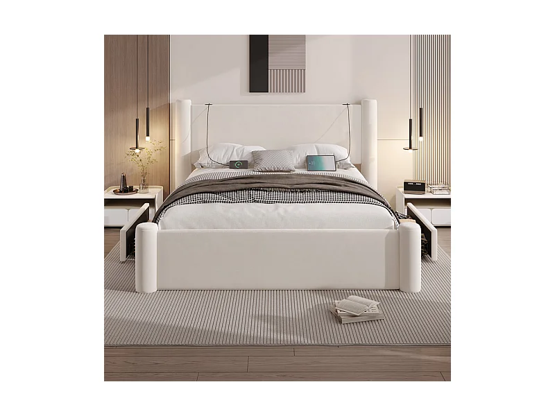 Lit coffre 160 x 200 cm - 2 tiroirs - design de pilier 3D - tête de lit avec USB intégrées - Beige