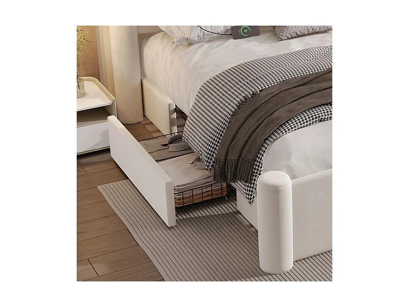 Lit coffre 160 x 200 cm - 2 tiroirs - design de pilier 3D - tête de lit avec USB intégrées - Beige
