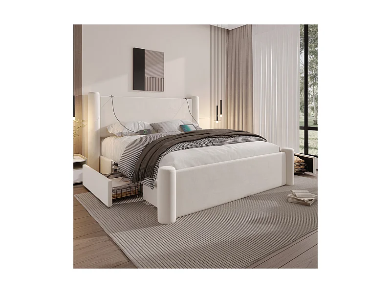 Lit coffre 160 x 200 cm - 2 tiroirs - design de pilier 3D - tête de lit avec USB intégrées - Beige