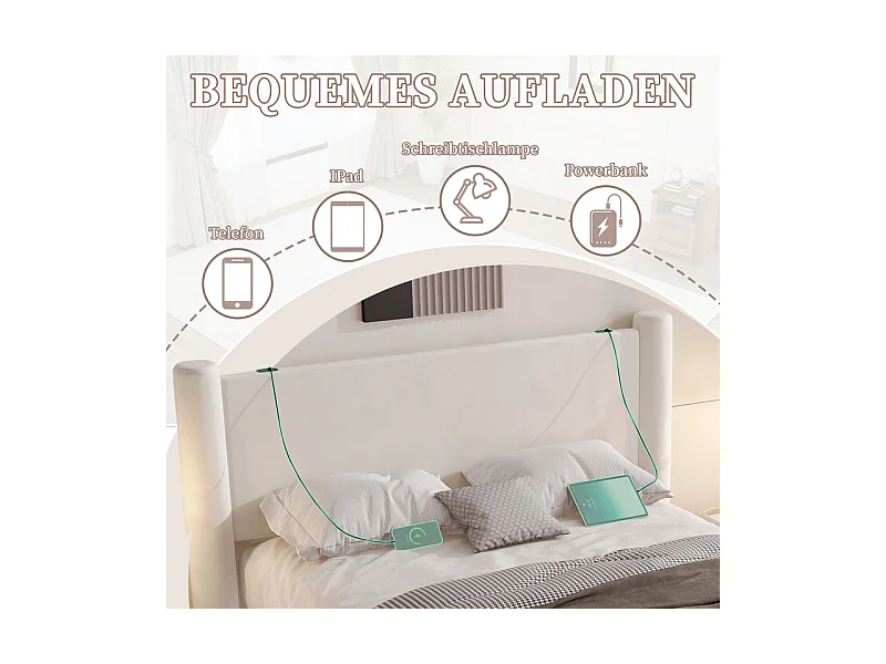 Lit coffre 160 x 200 cm - 2 tiroirs - design de pilier 3D - tête de lit avec USB intégrées - Beige