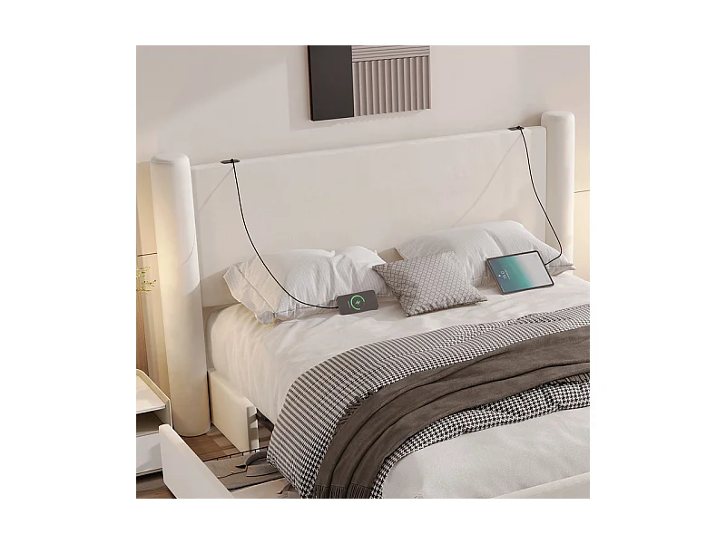 Lit coffre 160 x 200 cm - 2 tiroirs - design de pilier 3D - tête de lit avec USB intégrées - Beige