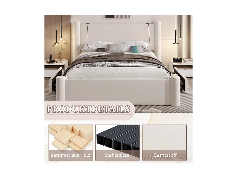 Lit coffre 160 x 200 cm - 2 tiroirs - design de pilier 3D - tête de lit avec USB intégrées - Beige