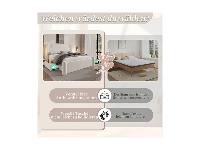 Lit coffre 160 x 200 cm - 2 tiroirs - design de pilier 3D - tête de lit avec USB intégrées - Beige