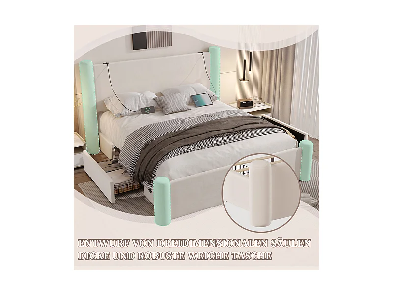Lit coffre 160 x 200 cm - 2 tiroirs - design de pilier 3D - tête de lit avec USB intégrées - Beige
