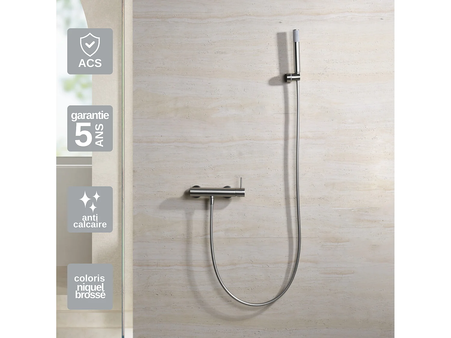 Ensemble de Douche Anti-Calcaire en Niquel Brossé MONZA BDM039-5NQ