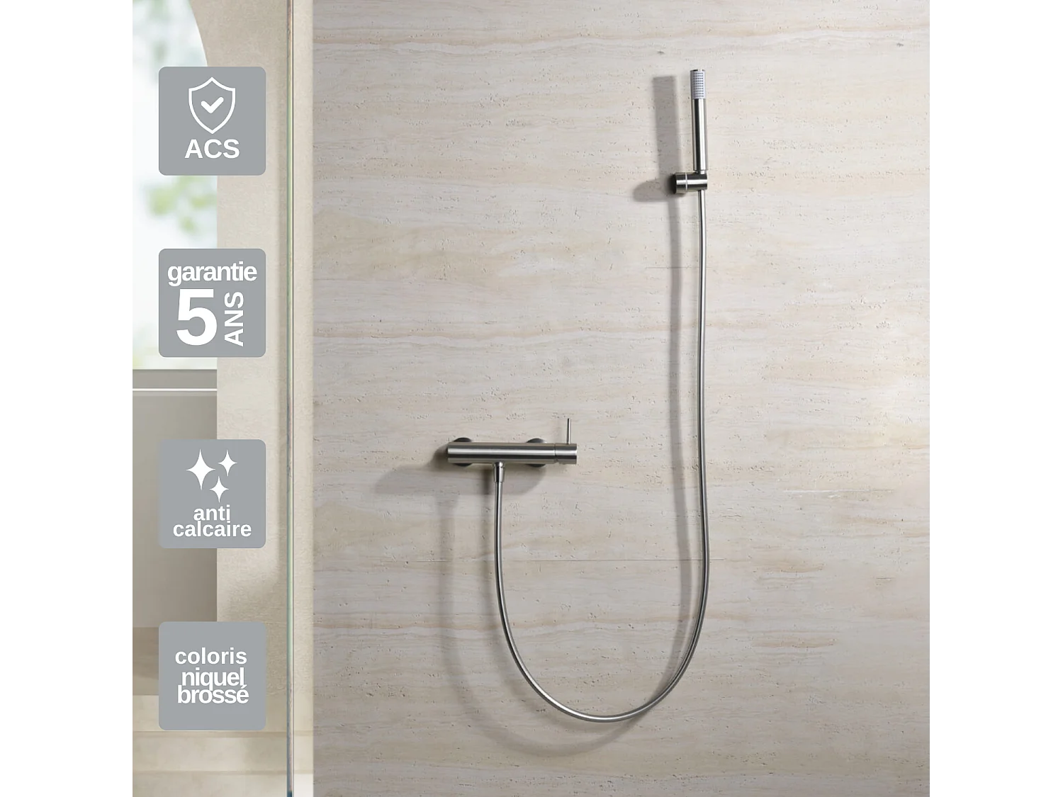 Ensemble de Douche Anti-Calcaire en Niquel Brossé MONZA BDM039-5NQ