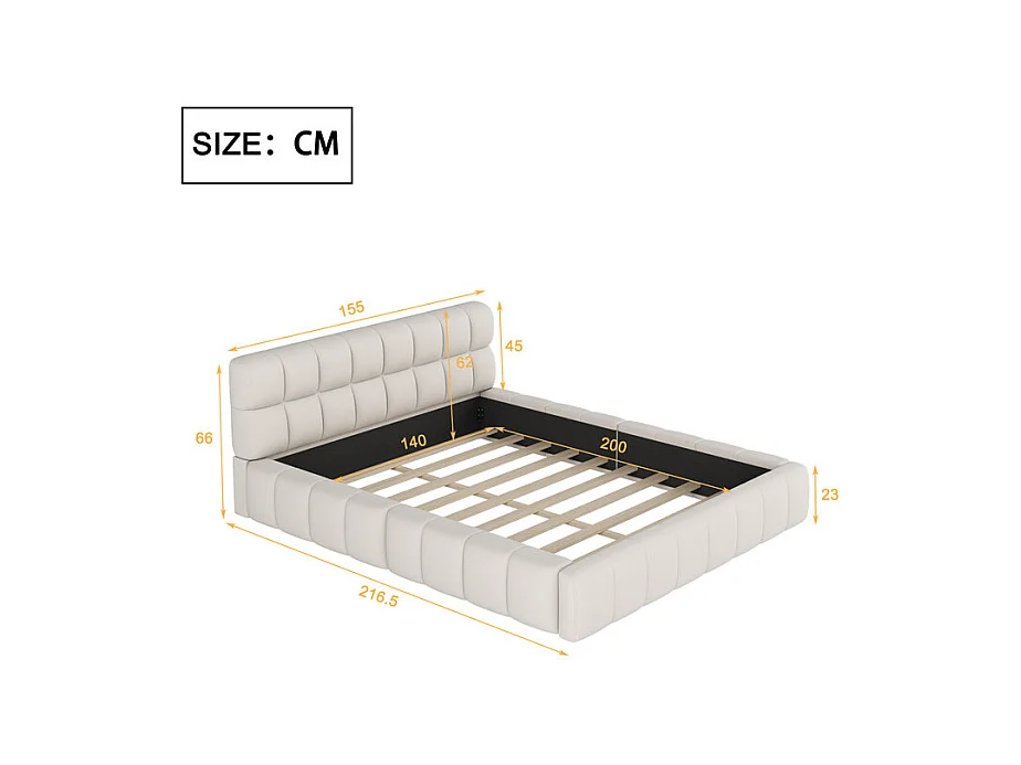 Lit rembourré en tissu coton et lin - 140 x 200 cm - avec dossier doux - charge max 250kg - Beige