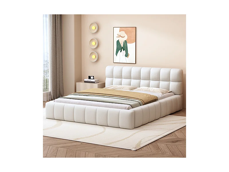 Lit rembourré en tissu coton et lin - 140 x 200 cm - avec dossier doux - charge max 250kg - Beige