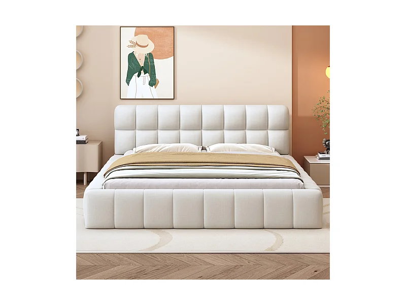 Lit rembourré en tissu coton et lin - 140 x 200 cm - avec dossier doux - charge max 250kg - Beige