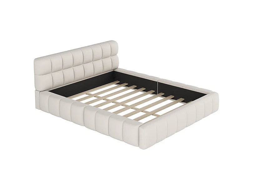 Lit rembourré en tissu coton et lin - 140 x 200 cm - avec dossier doux - charge max 250kg - Beige