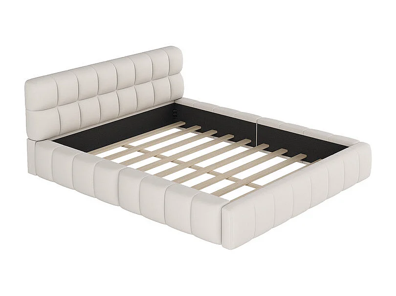 Lit rembourré en tissu coton et lin - 140 x 200 cm - avec dossier doux - charge max 250kg - Beige