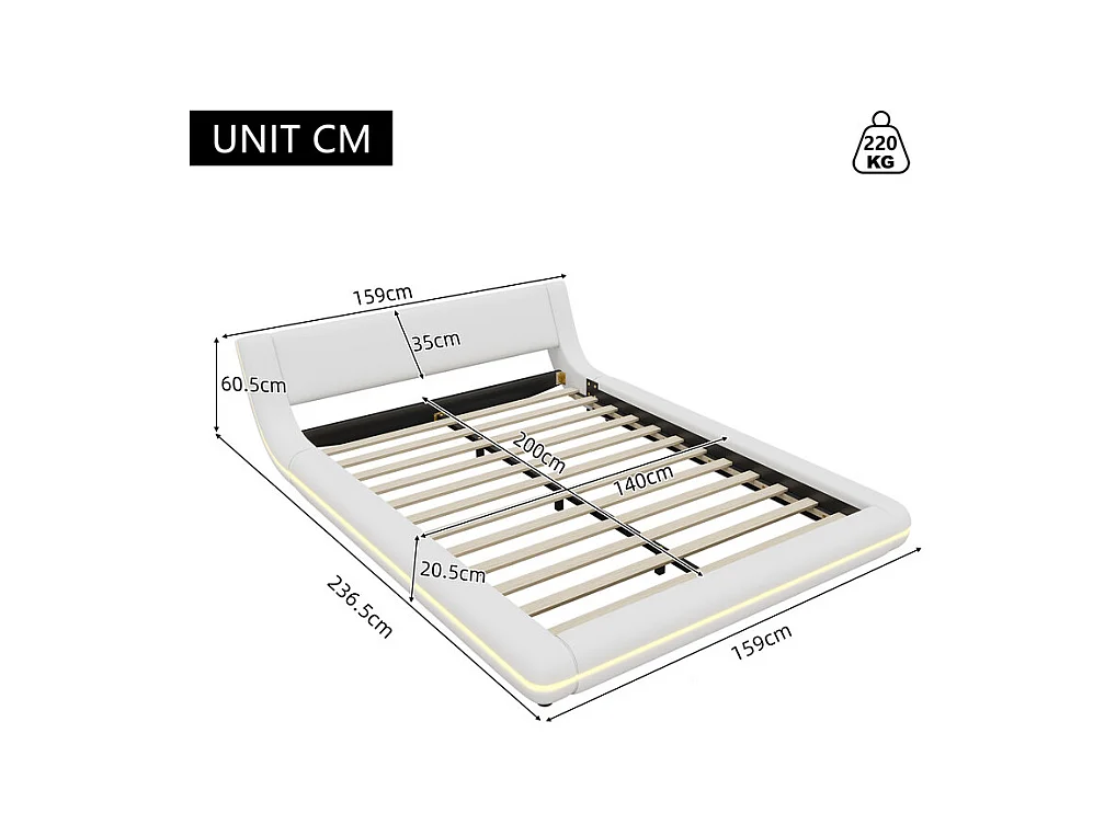 Cadre de lit avec LED et télécommande - 140 x 200 cm - rembourré en cuir PU - Blanc