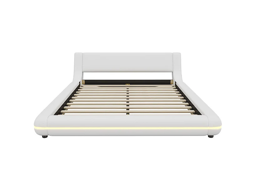 Cadre de lit avec LED et télécommande - 140 x 200 cm - rembourré en cuir PU - Blanc