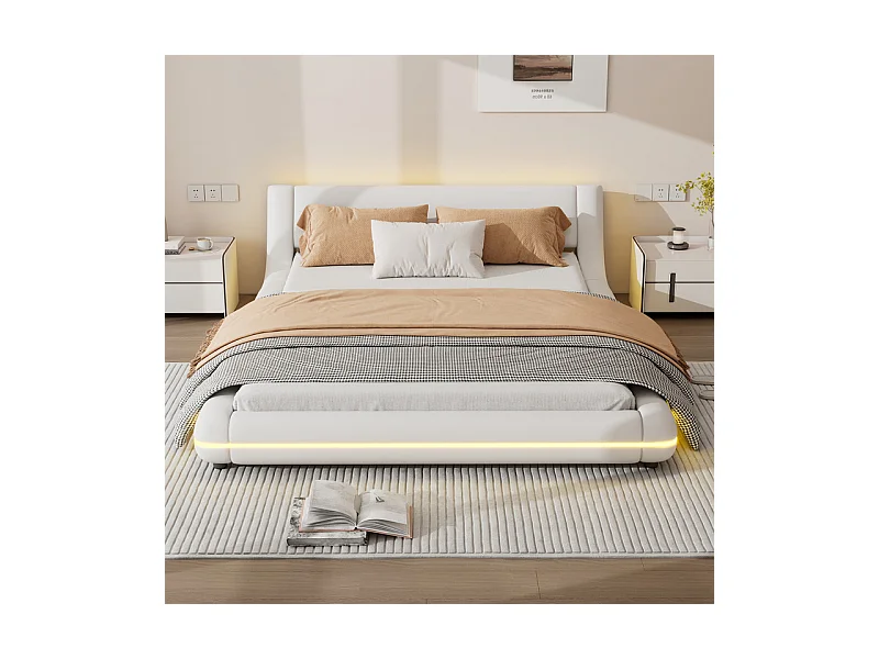 Cadre de lit avec LED et télécommande - 140 x 200 cm - rembourré en cuir PU - Blanc