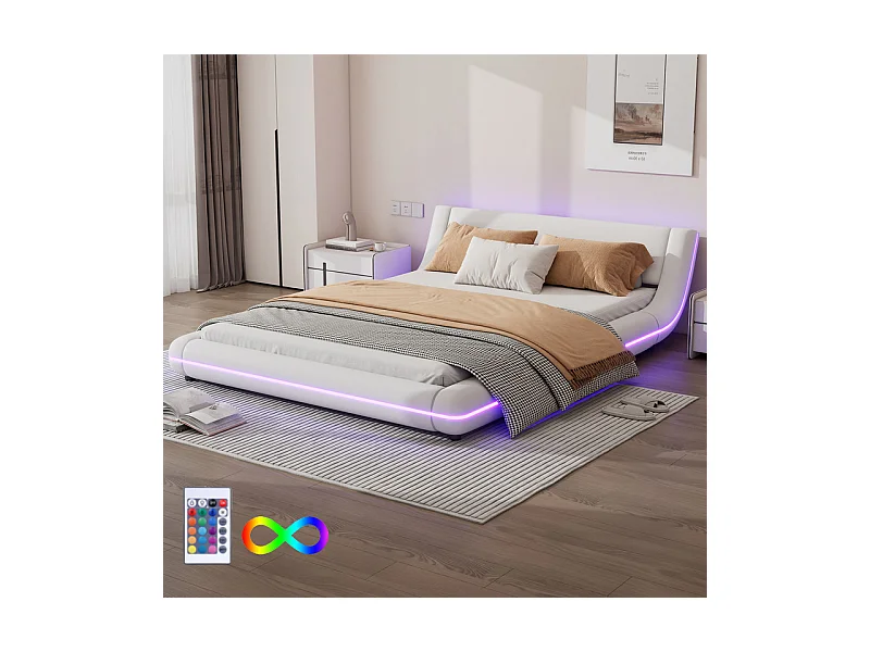 Cadre de lit avec LED et télécommande - 140 x 200 cm - rembourré en cuir PU - Blanc