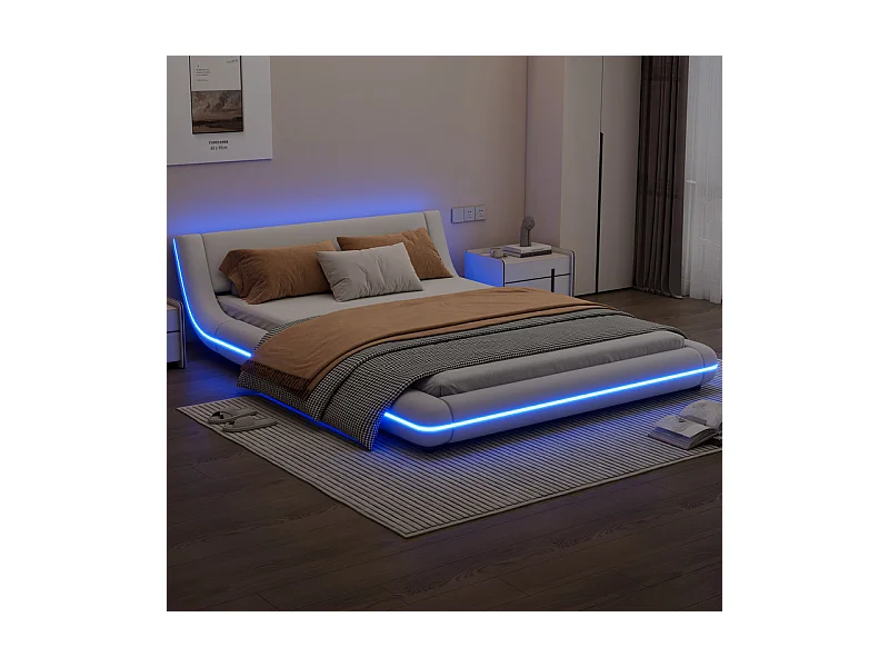 Cadre de lit avec LED et télécommande - 140 x 200 cm - rembourré en cuir PU - Blanc