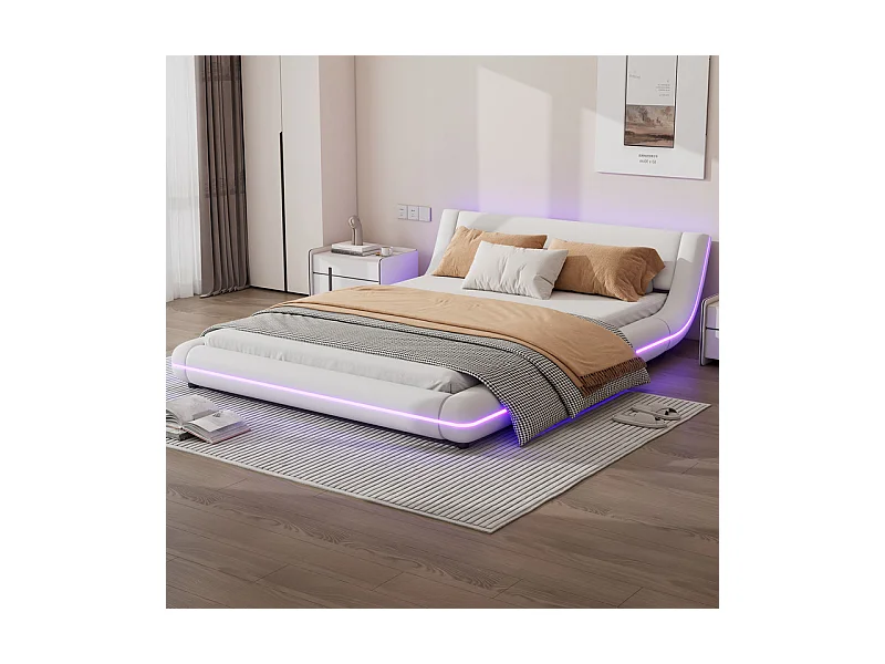 Bettgestell mit LED und Fernbedienung - 140 x 200 cm - PU-Leder-Polsterung - Weiß