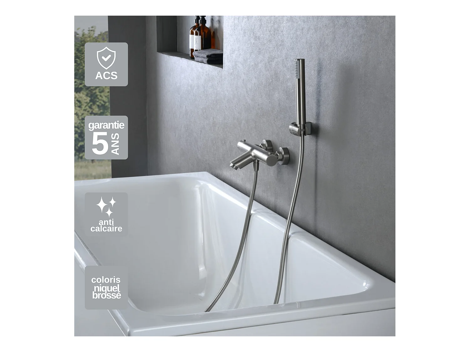 Ensemble Bain/Douche Anti-Calcaire en Niquel Brossé MONZA BTM039-4NQ