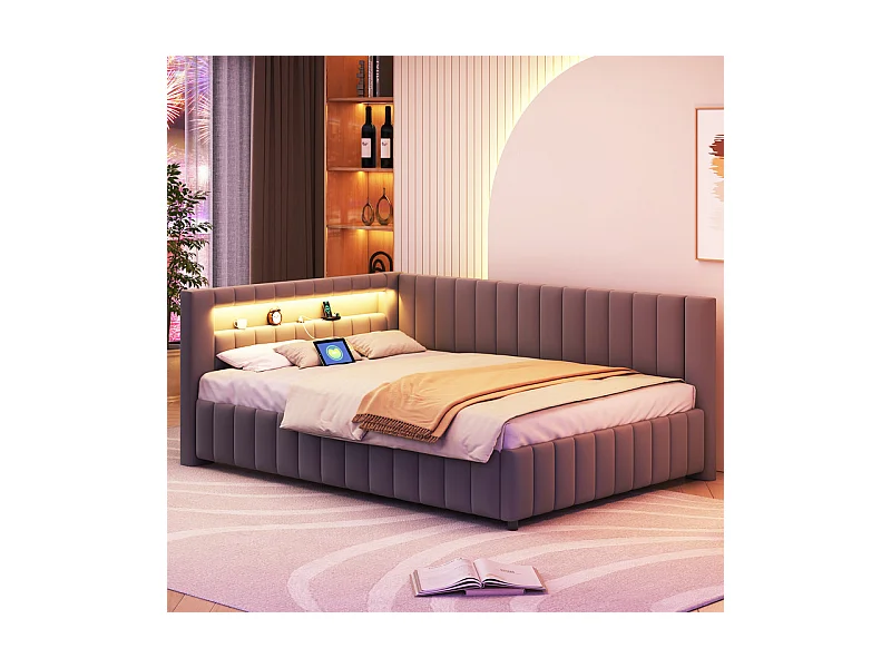 Gepolsterd bankbed in fluweel 140x200 cm, Slaapbank met LED, USB, rug- en hoofdeinde, Grijs