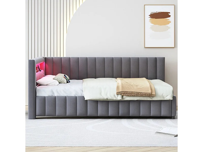 Gepolsterd bankbed in fluweel 140x200 cm, Slaapbank met LED, USB, rug- en hoofdeinde, Grijs