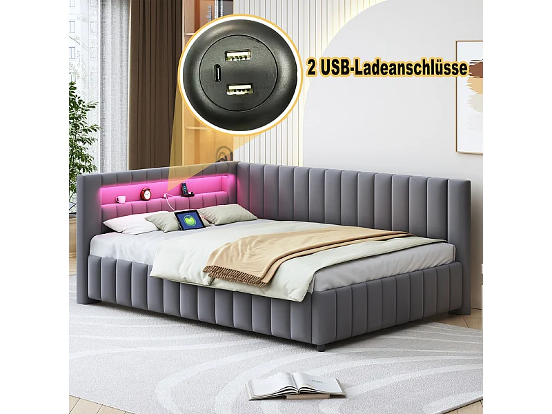 Gepolsterd bankbed in fluweel 140x200 cm, Slaapbank met LED, USB, rug- en hoofdeinde, Grijs