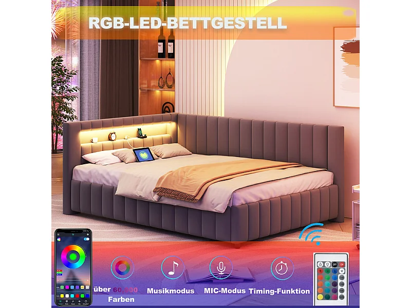 Gepolsterd bankbed in fluweel 140x200 cm, Slaapbank met LED, USB, rug- en hoofdeinde, Grijs