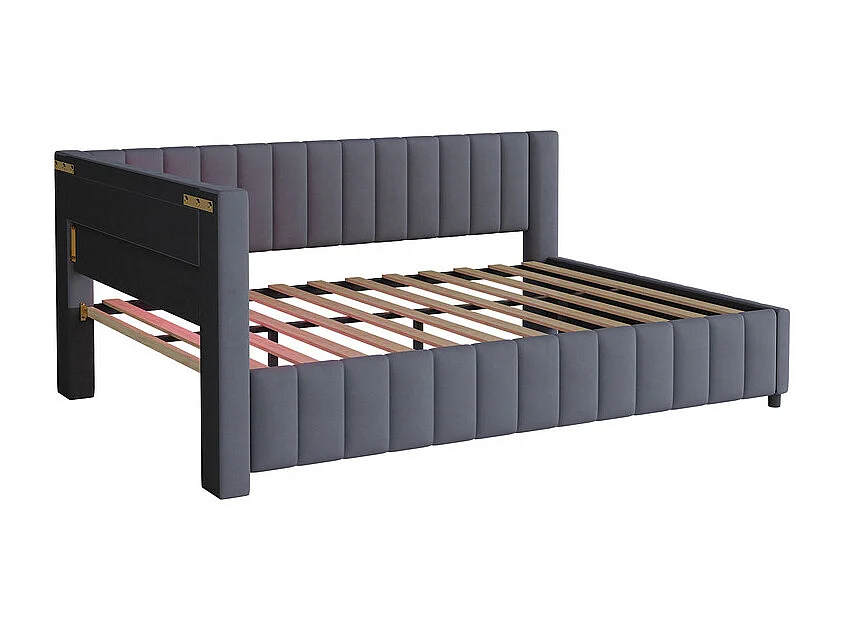 Gepolsterd bankbed in fluweel 140x200 cm, Slaapbank met LED, USB, rug- en hoofdeinde, Grijs