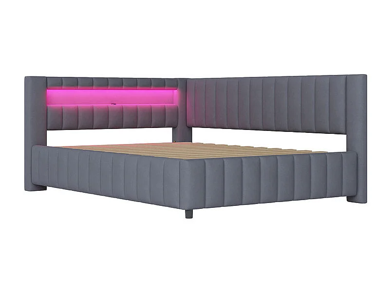 Lit rembourré banquette en velours 140x200cm, Canapé-lit avec LED, USB, dossier et tête de lit, Gris
