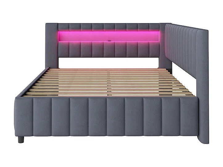 Lit rembourré banquette en velours 140x200cm, Canapé-lit avec LED, USB, dossier et tête de lit, Gris