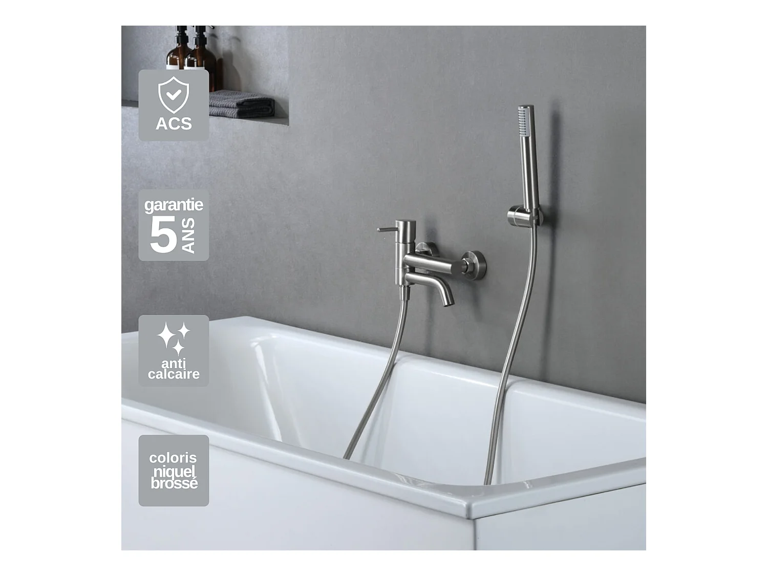 Ensemble Bain/Douche Anti-Calcaire en Niquel Brossé MONZA BDM039-4NQ