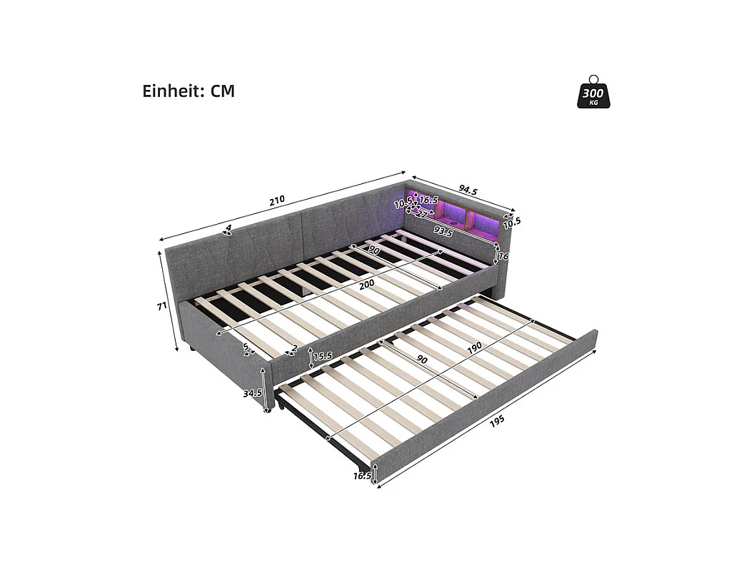 Lit banquette gigogne 90 x 200 cm + 90 x 190 cm, Lin, avec LED et USB + type C, Gris