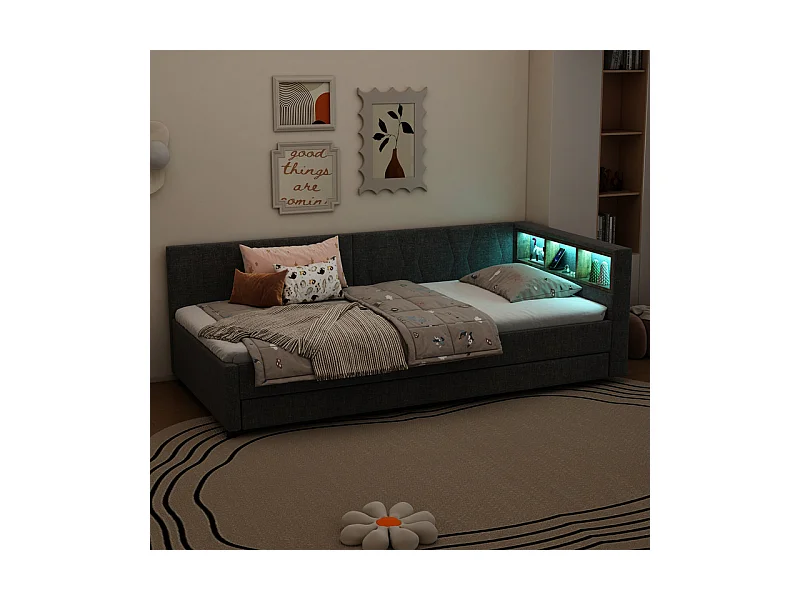 Lit banquette gigogne 90 x 200 cm + 90 x 190 cm, Lin, avec LED et USB + type C, Gris
