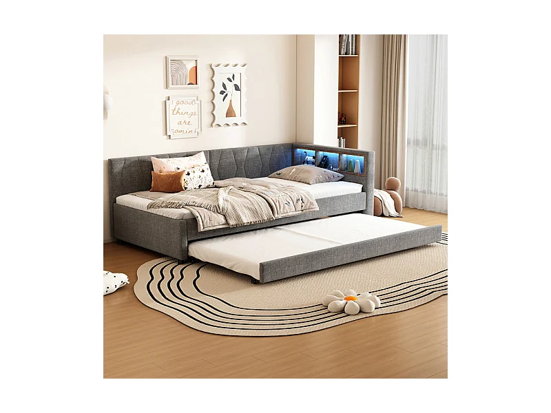 Lit banquette gigogne 90 x 200 cm + 90 x 190 cm, Lin, avec LED et USB + type C, Gris