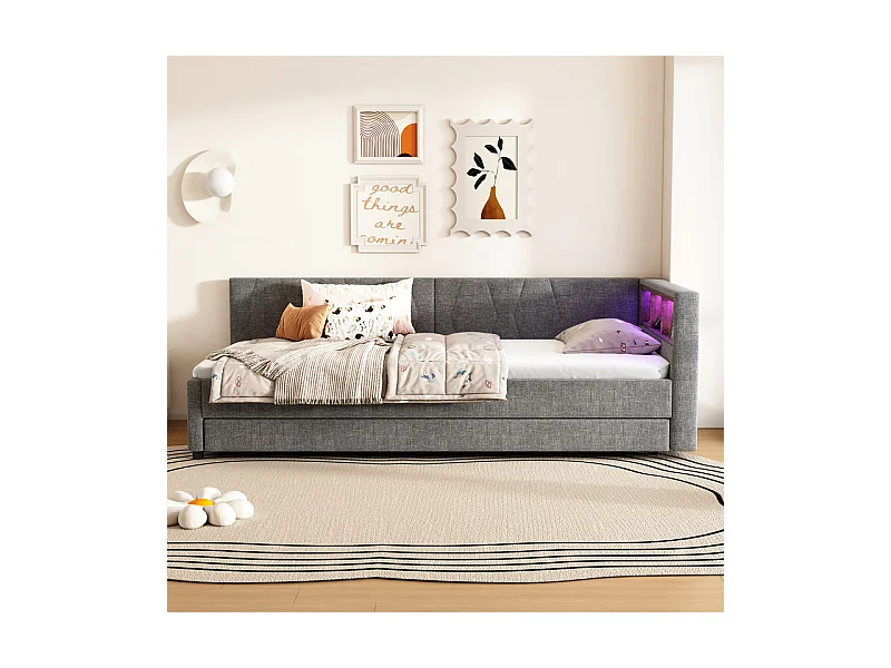 Lit banquette gigogne 90 x 200 cm + 90 x 190 cm, Lin, avec LED et USB + type C, Gris