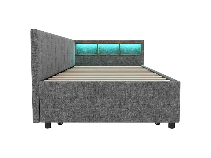 Lit banquette gigogne 90 x 200 cm + 90 x 190 cm, Lin, avec LED et USB + type C, Gris