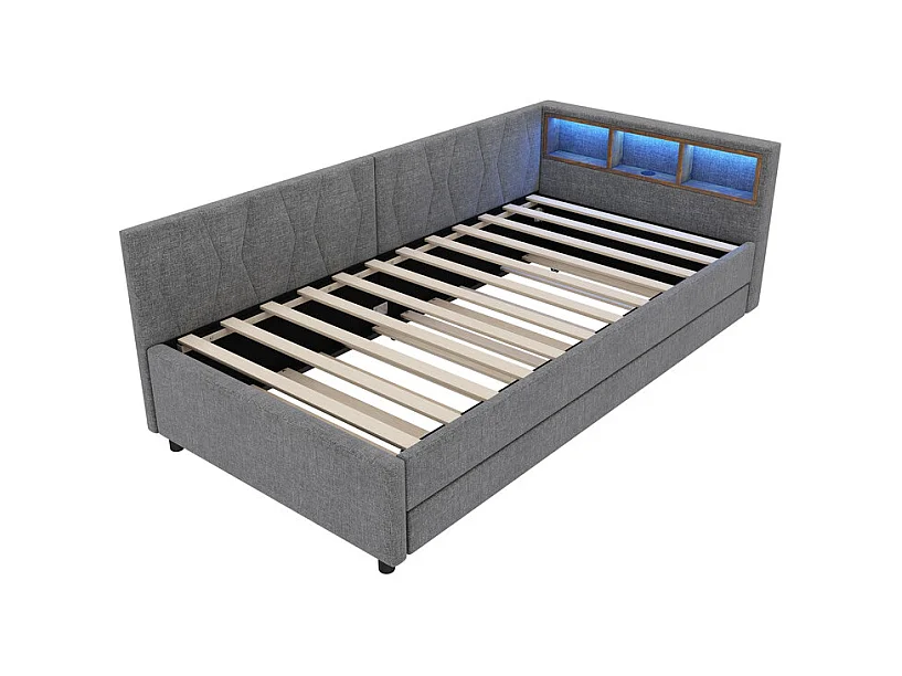 Lit banquette gigogne 90 x 200 cm + 90 x 190 cm, Lin, avec LED et USB + type C, Gris