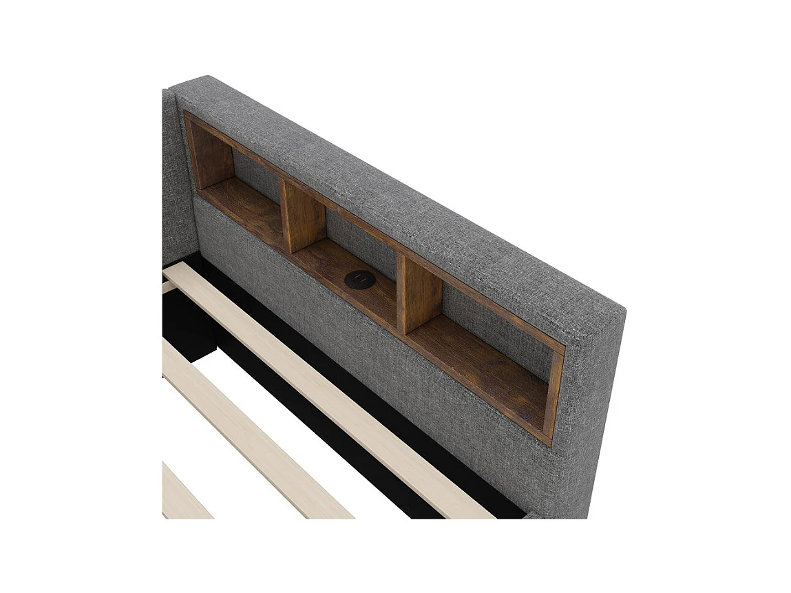 Lit banquette gigogne 90 x 200 cm + 90 x 190 cm, Lin, avec LED et USB + type C, Gris