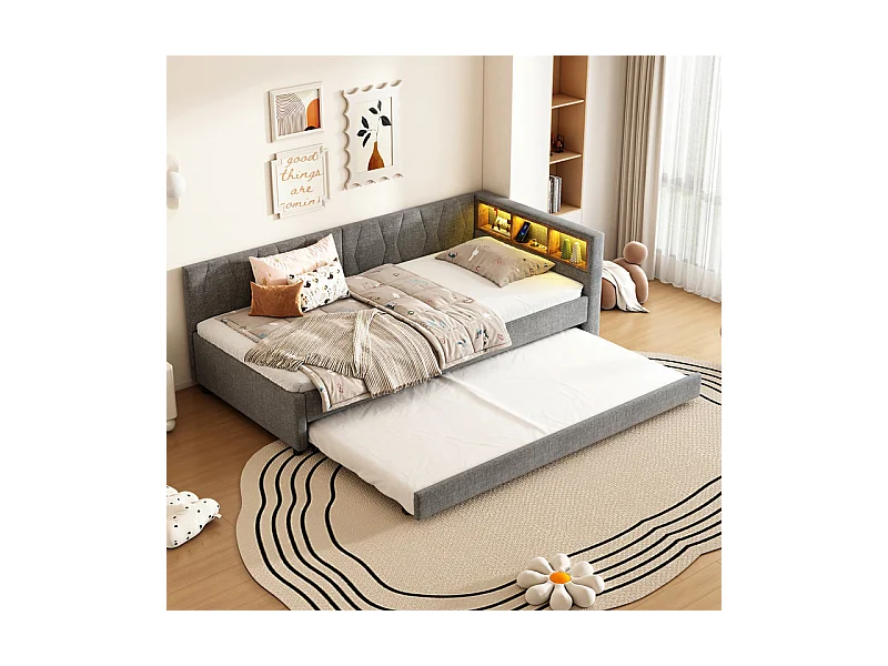 Nestbank-Bett 90 x 200 cm + 90 x 190 cm, Leinen, mit LED und USB + Typ C, Grau