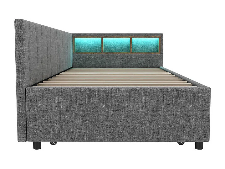 Nestbankbed 90 x 200 cm + 90 x 190 cm, Linnen, met LED en USB + type C, Grijs