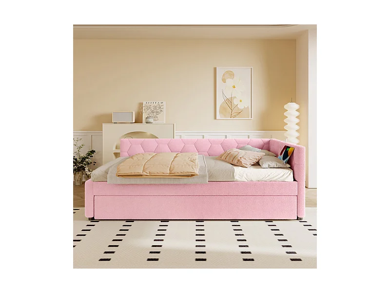 Lit gigogne banquette 90 x 200 cm en velours rose - avec lampe de chevet et USB + type C