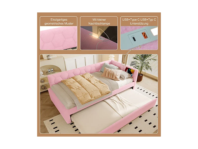 Lit gigogne banquette 90 x 200 cm en velours rose - avec lampe de chevet et USB + type C