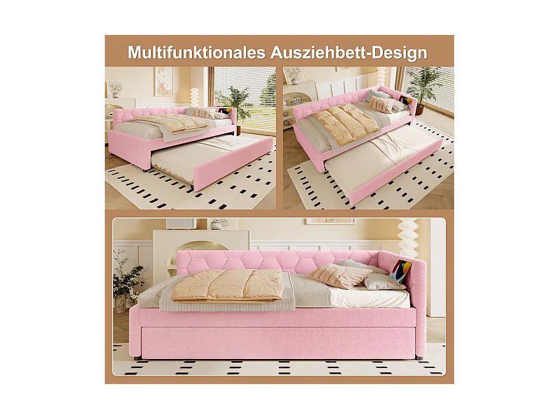 Lit gigogne banquette 90 x 200 cm en velours rose - avec lampe de chevet et USB + type C