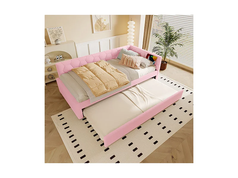 Lit gigogne banquette 90 x 200 cm en velours rose - avec lampe de chevet et USB + type C