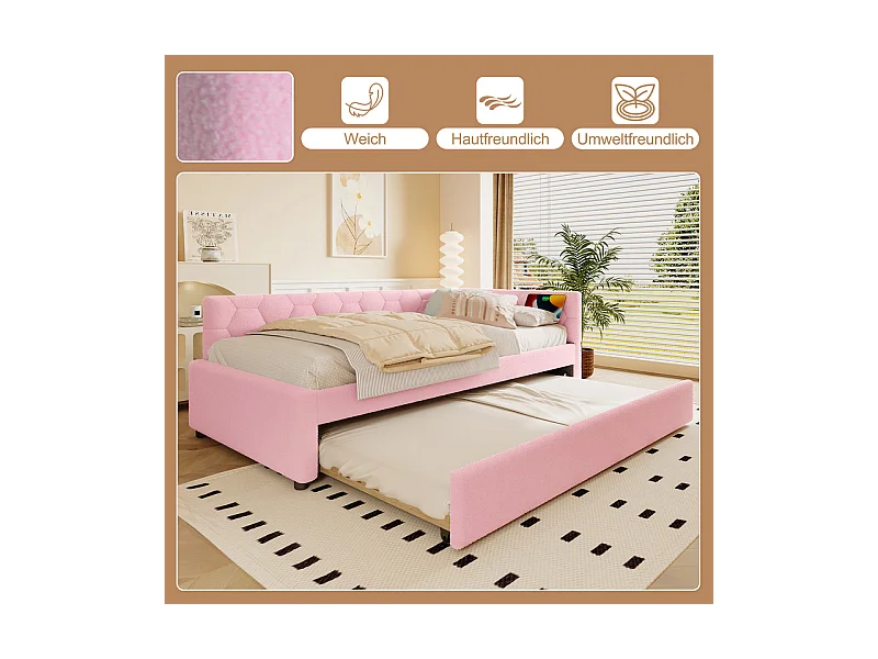 Lit gigogne banquette 90 x 200 cm en velours rose - avec lampe de chevet et USB + type C