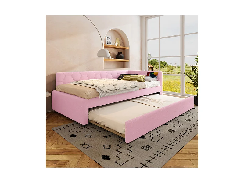 Nestbank-Bett 90 x 200 cm aus rosa Samt - mit Nachttischlampe und USB + Typ C